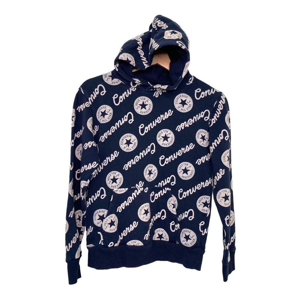 Converse Big Boys All Over Logo Print Pullover Hoodie Age 12-13 Faded Blue L